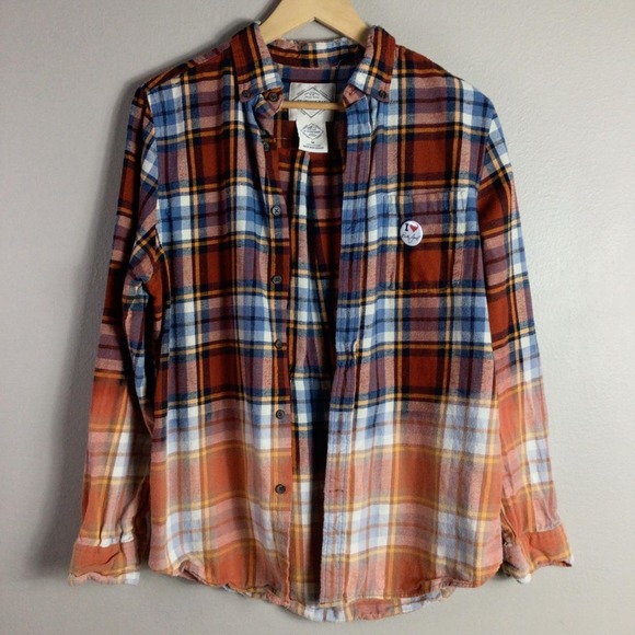 Upcycled Billy Joel 2022 tour Houston flannel bleached shirt Orange Medium - Picture 2 of 5